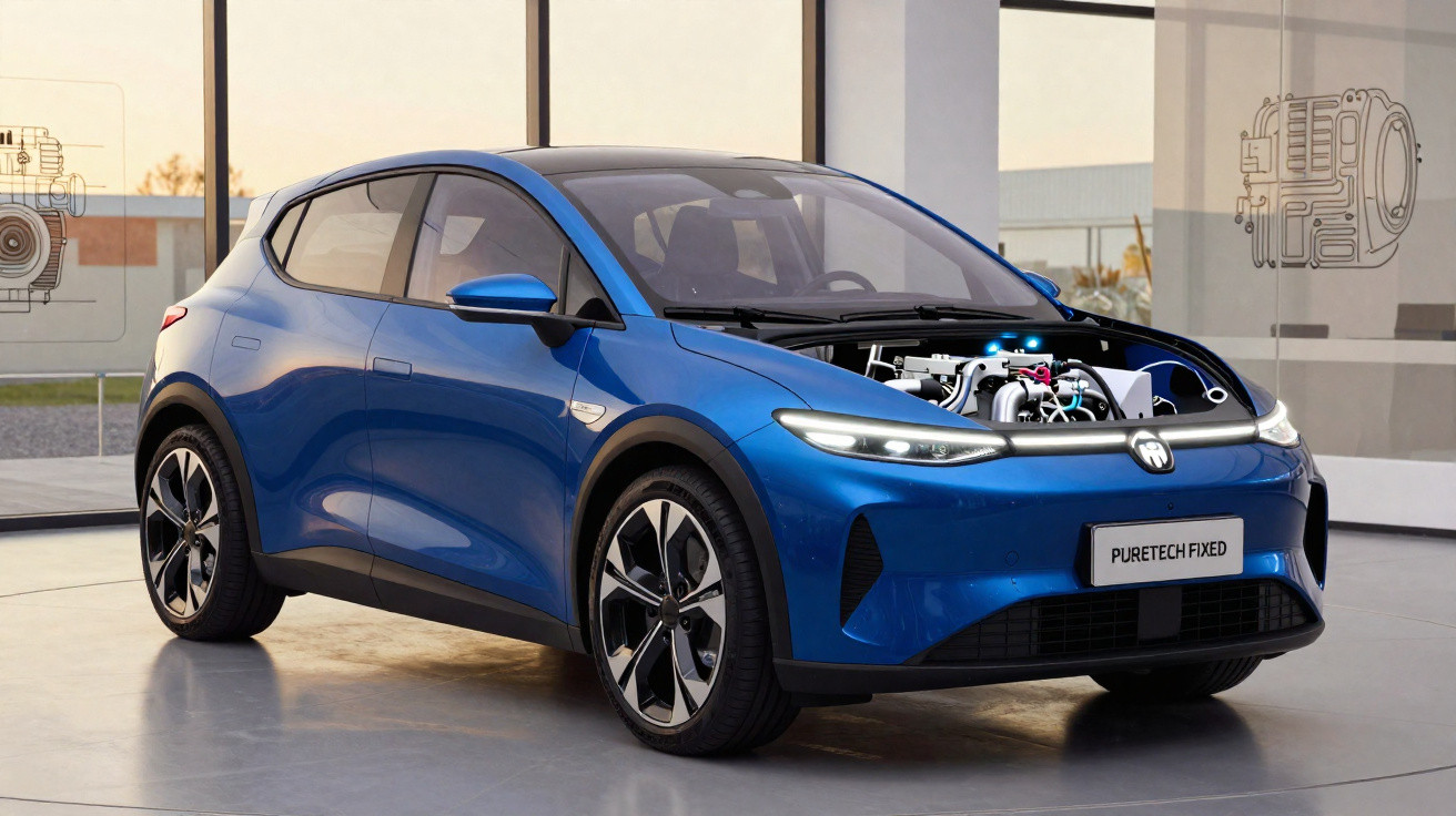 Blue electric car with a transparent hood showing its engine, displayed in a modern showroom.