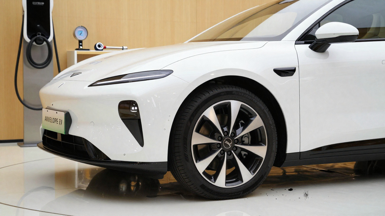 Front side view of a white electric car parked indoors with an EV charging station in the background.