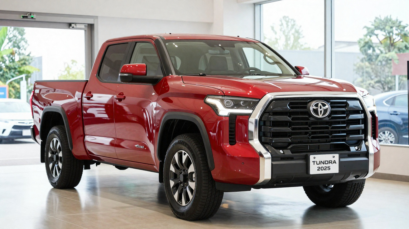 Red 2025 Toyota Tundra pickup truck displayed indoors with modern design and black grille.