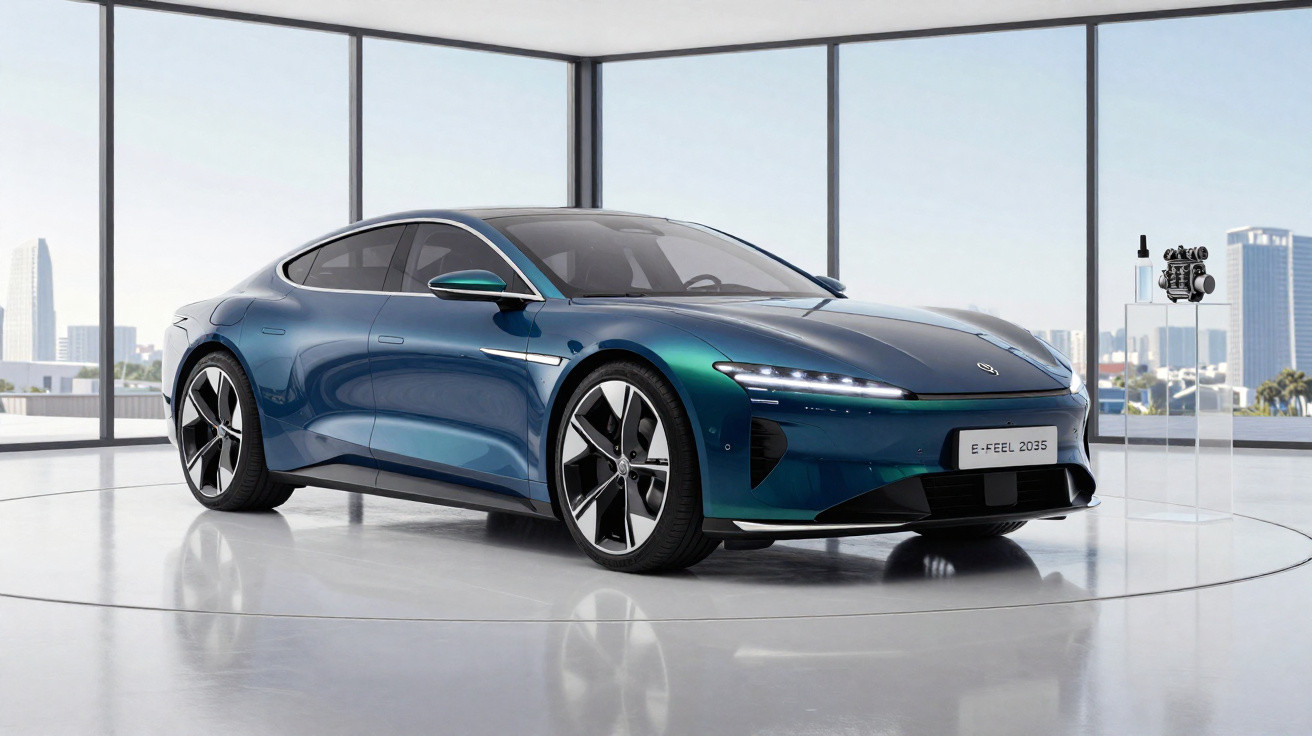 Sleek blue electric sports car displayed in a modern showroom with large glass windows and cityscape view.