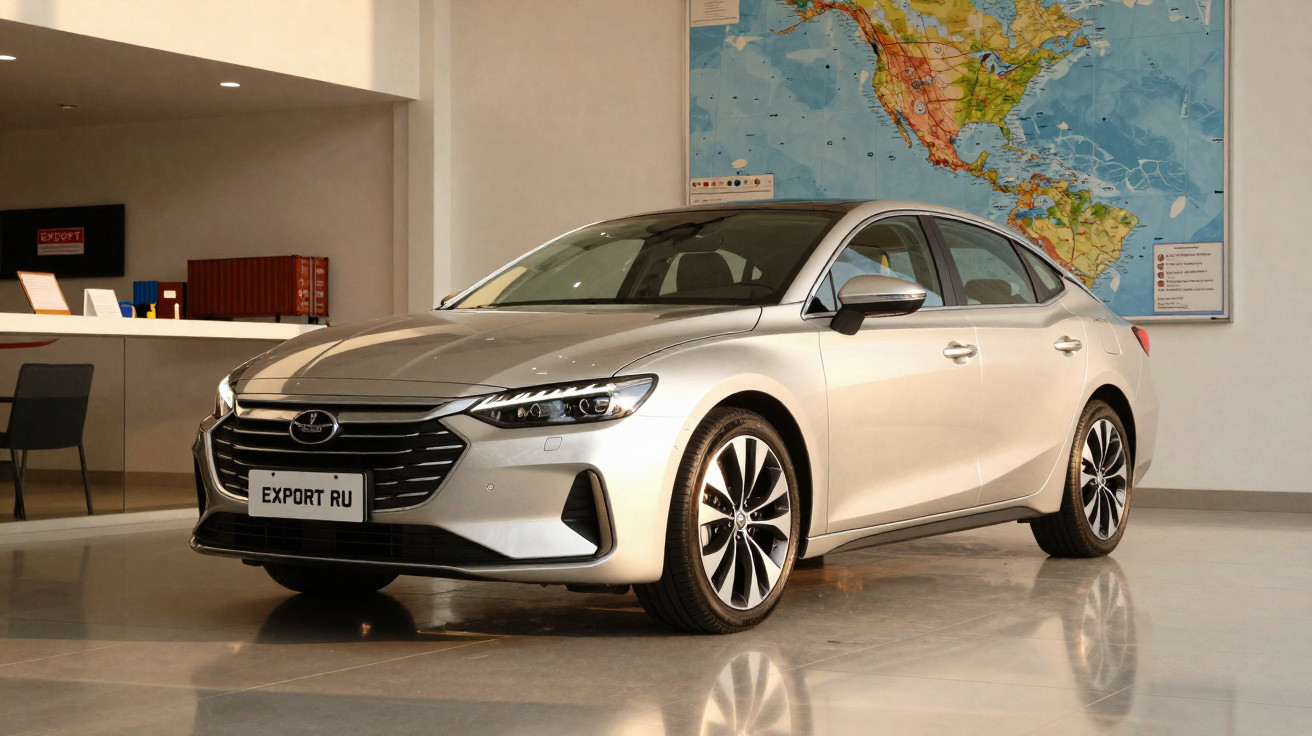 Silver modern sedan car displayed in a showroom with a world map on the wall behind it.