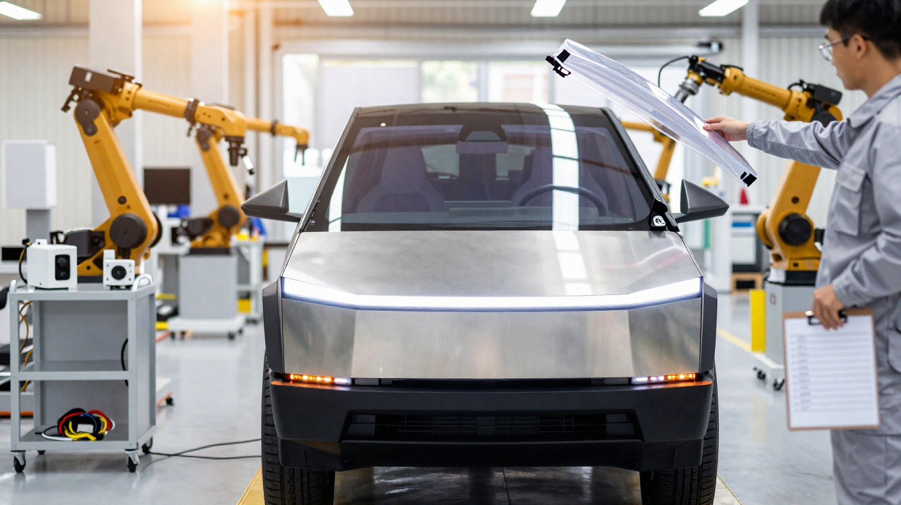 Engineer inspecting futuristic electric vehicle in factory with robotic arms in the background.