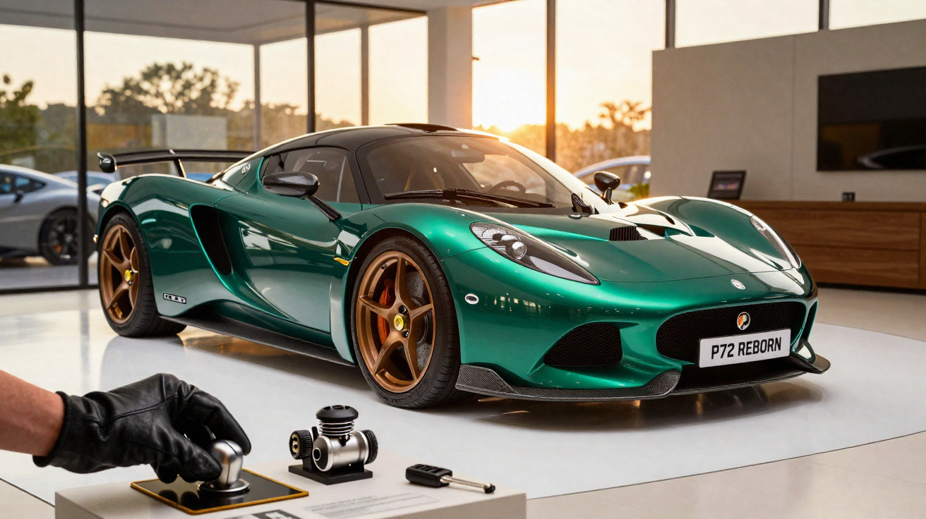 Green Lotus P72 Reborn supercar with bronze wheels displayed indoors at sunset.