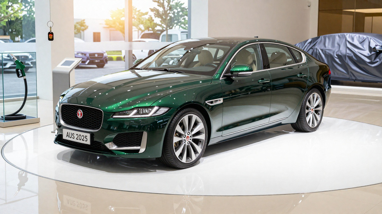 Dark green luxury Jaguar sedan displayed on a round platform inside a modern showroom.