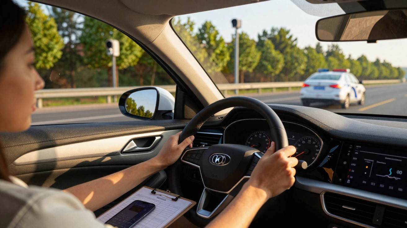 Woman driving a car during the day with a clipboard and phone on her lap, a police car visible on the road ahead.