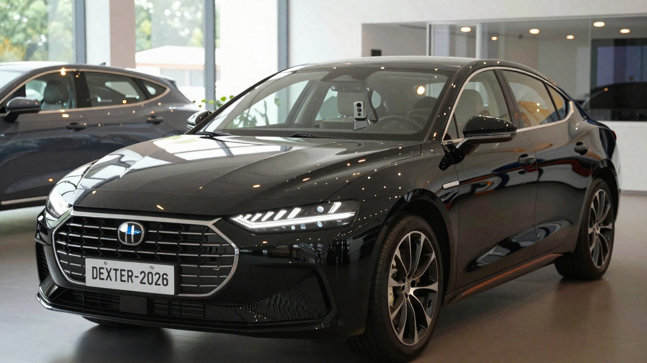 Sleek black Dexter-2026 electric car with modern LED headlights displayed in a bright showroom.