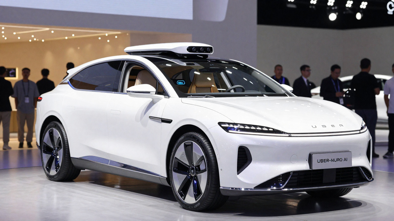 White Uber-Nuro AI self-driving car displayed at an auto show with people in the background.
