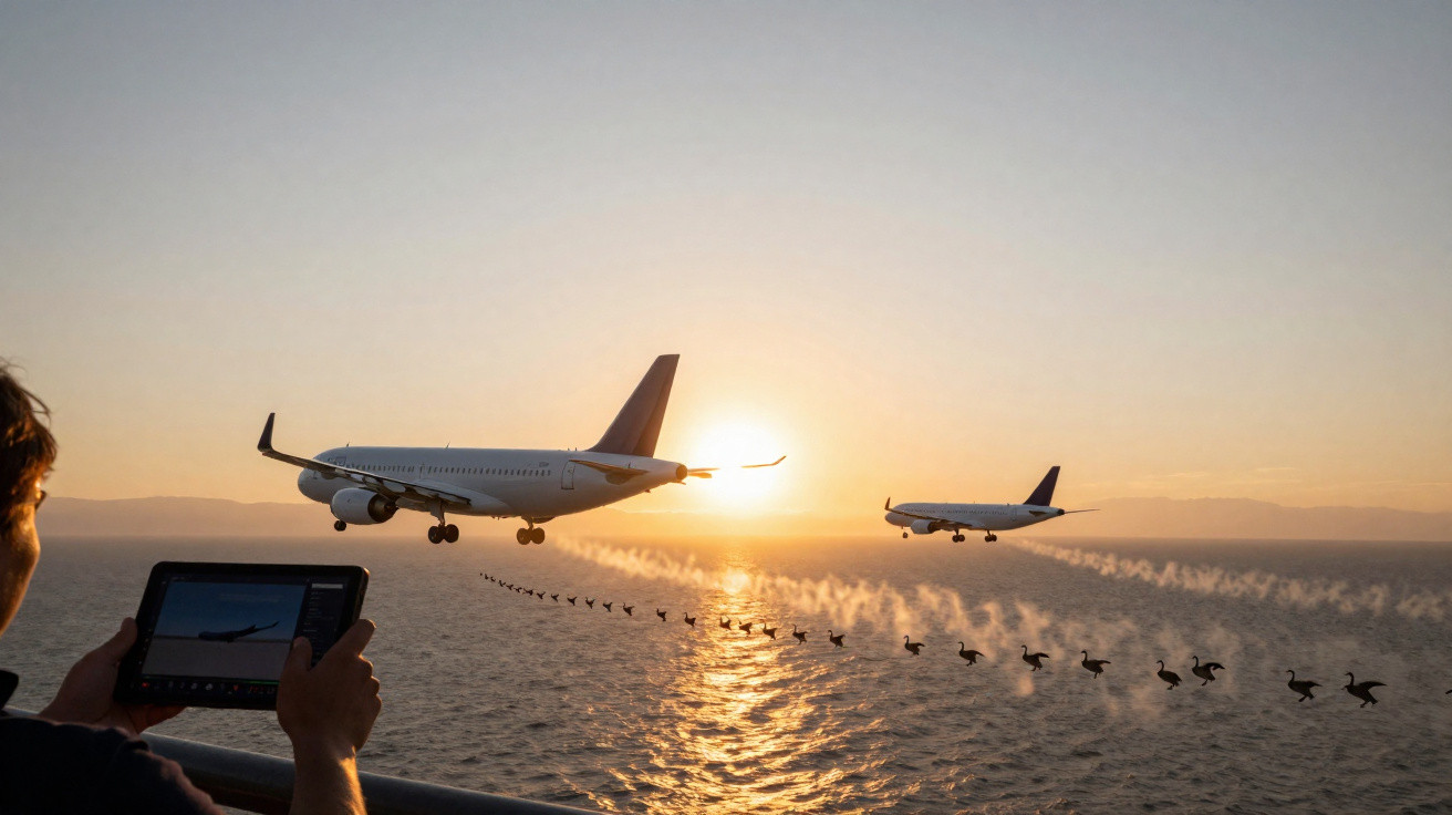 Person using tablet to capture two passenger planes flying over ocean at sunset with birds in formation below.