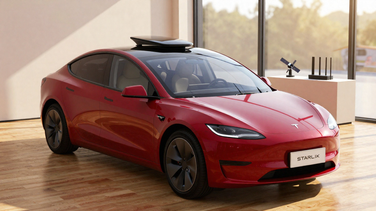 Red Tesla Model S with Starlik satellite on roof displayed indoors with wooden floor and large window background.