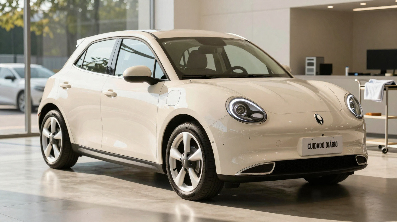 Beige compact electric car displayed indoors with modern round headlights and five-spoke wheels.