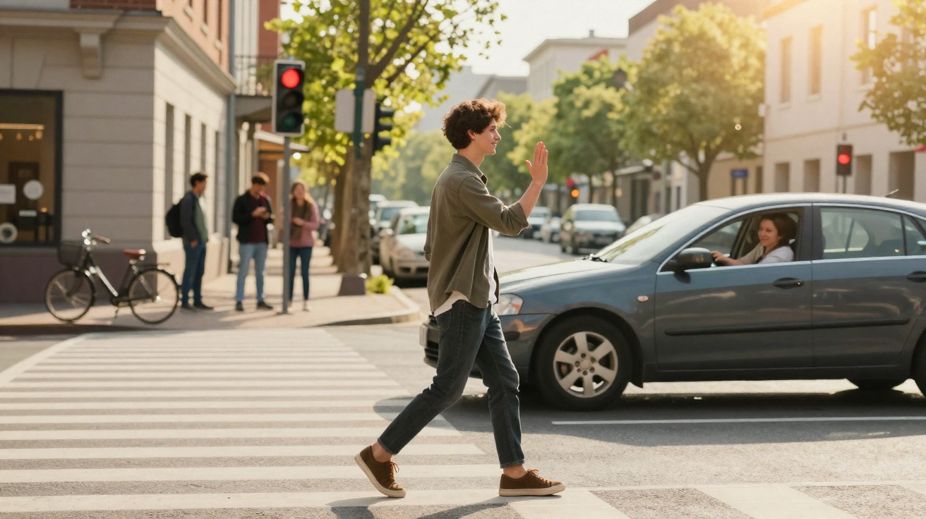 Young man walking across a zebra crossing waving to a driver stopped at a red traffic light in a sunny city street.