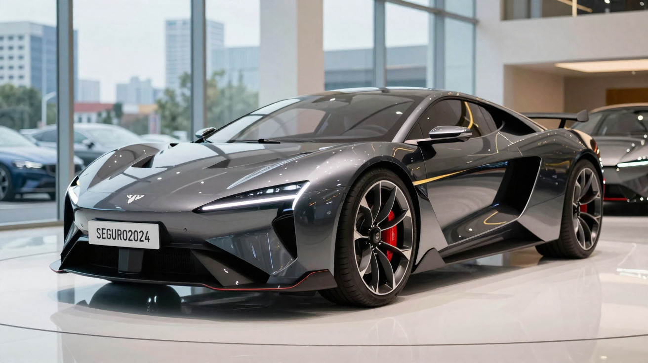 Sleek grey luxury sports car with sharp LED headlights displayed indoors with large windows and city view.
