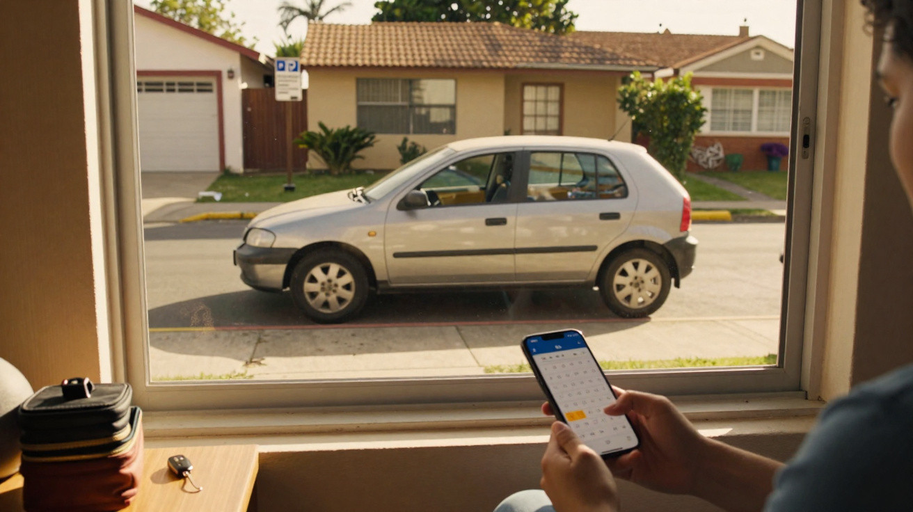 Person holding a smartphone inside a house, looking out at a silver hatchback parked on the street outside a suburban home.