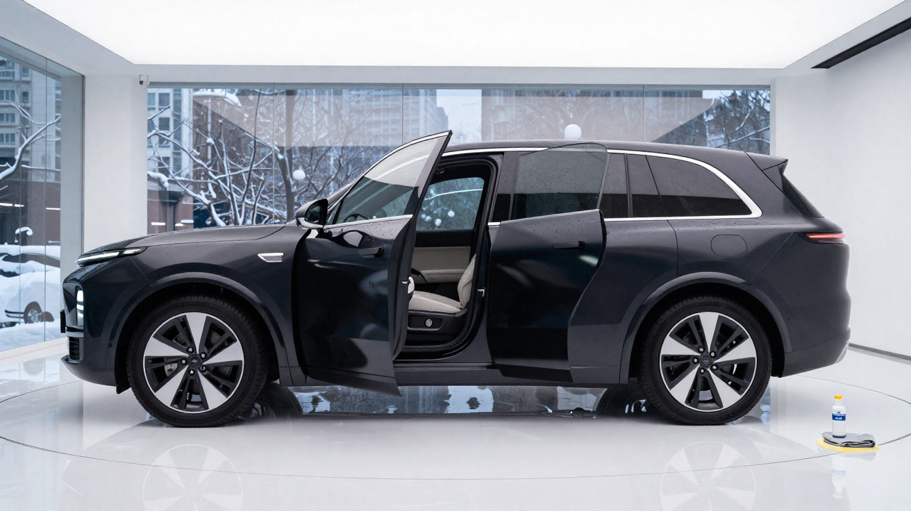 Black modern SUV with front and rear doors open displayed in bright showroom with snow visible outside.