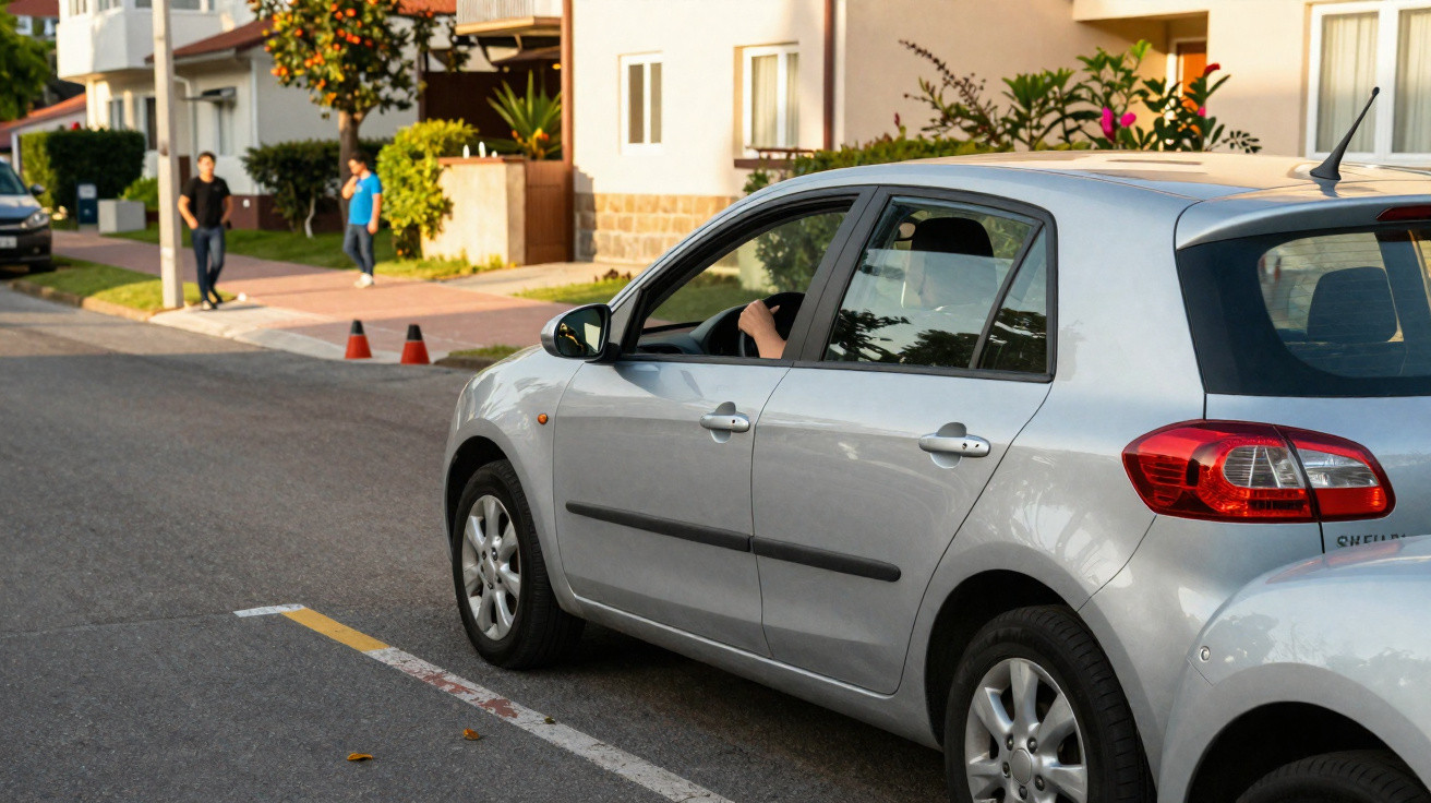 Silver hatchback car parked on a residential street with two people walking on the pavement nearby.
