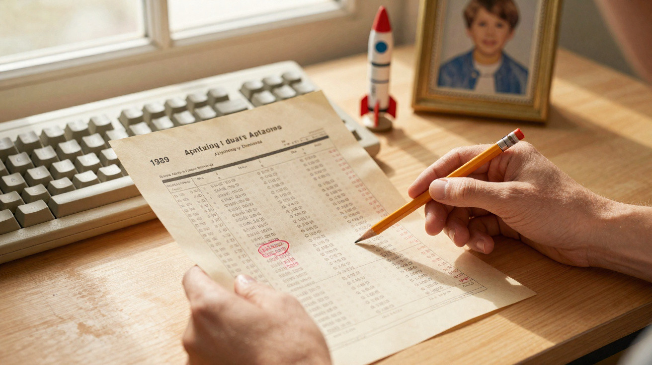 Person holding a 1989 school report card with red marks beside a keyboard and a child's photo on a desk.