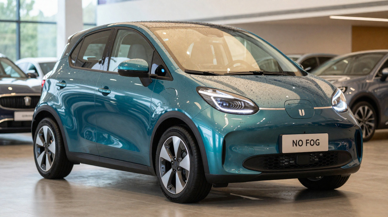 Teal compact electric car with LED headlights displayed indoors on a polished floor.