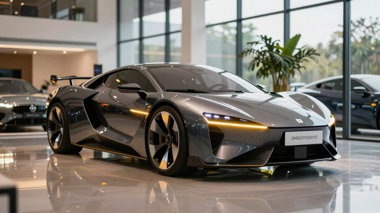 Sleek grey sports car with modern LED headlights displayed inside a showroom with large windows and plants.