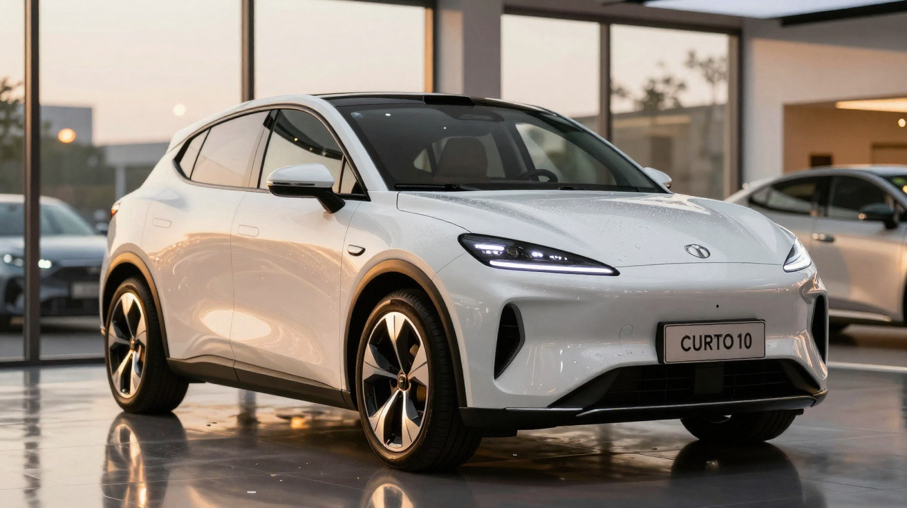 White modern electric SUV displayed indoors with LED headlights and sleek aerodynamic design.