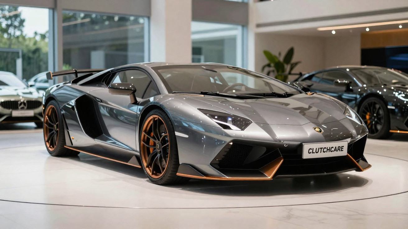 Metallic grey Lamborghini sports car with bronze rims displayed inside a modern showroom.