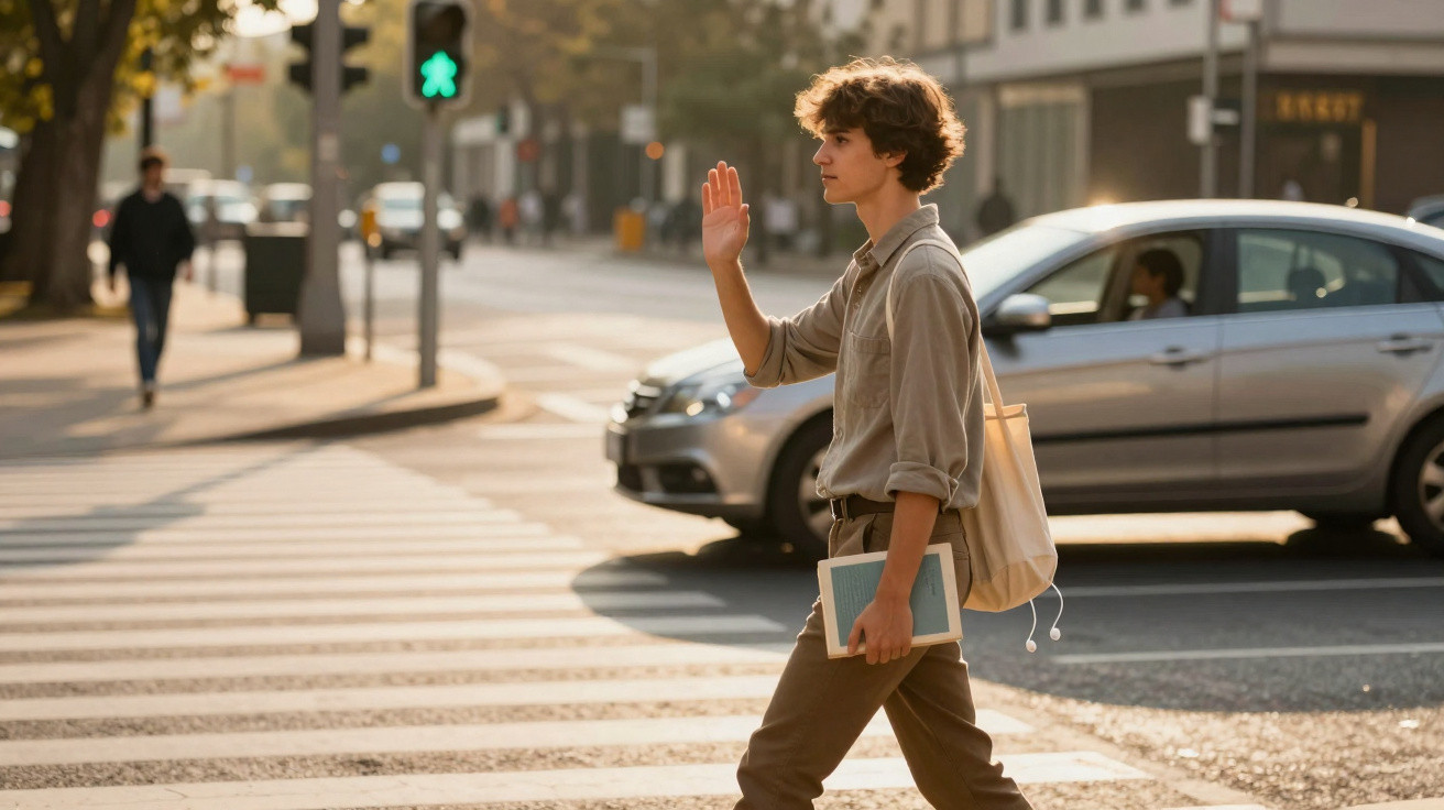 Young man carrying book crosses street at pedestrian crossing with green walk light in urban setting