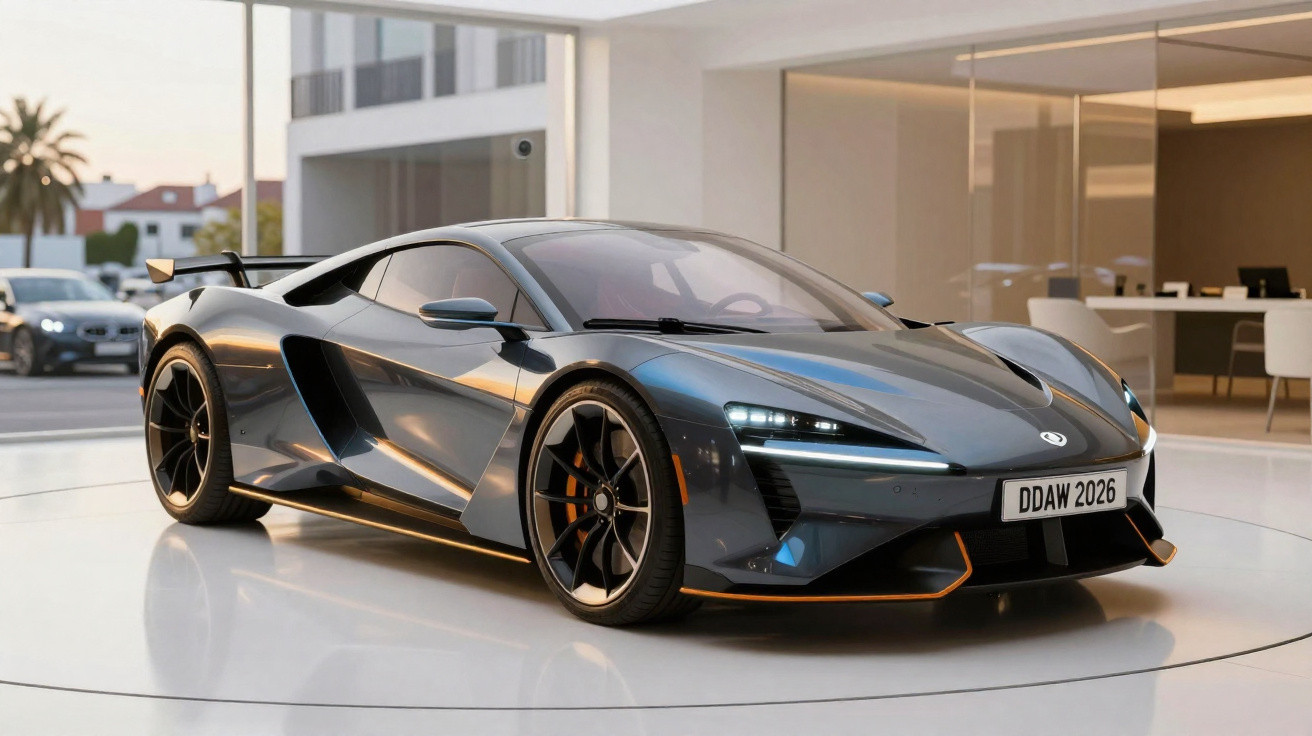 Sleek grey sports car with sharp headlights and black alloy wheels displayed in a modern showroom.