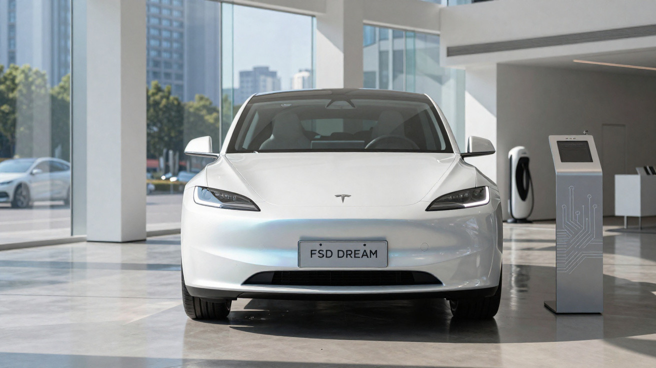 White Tesla Model Y electric car displayed indoors with FSD DREAM license plate and digital kiosk nearby