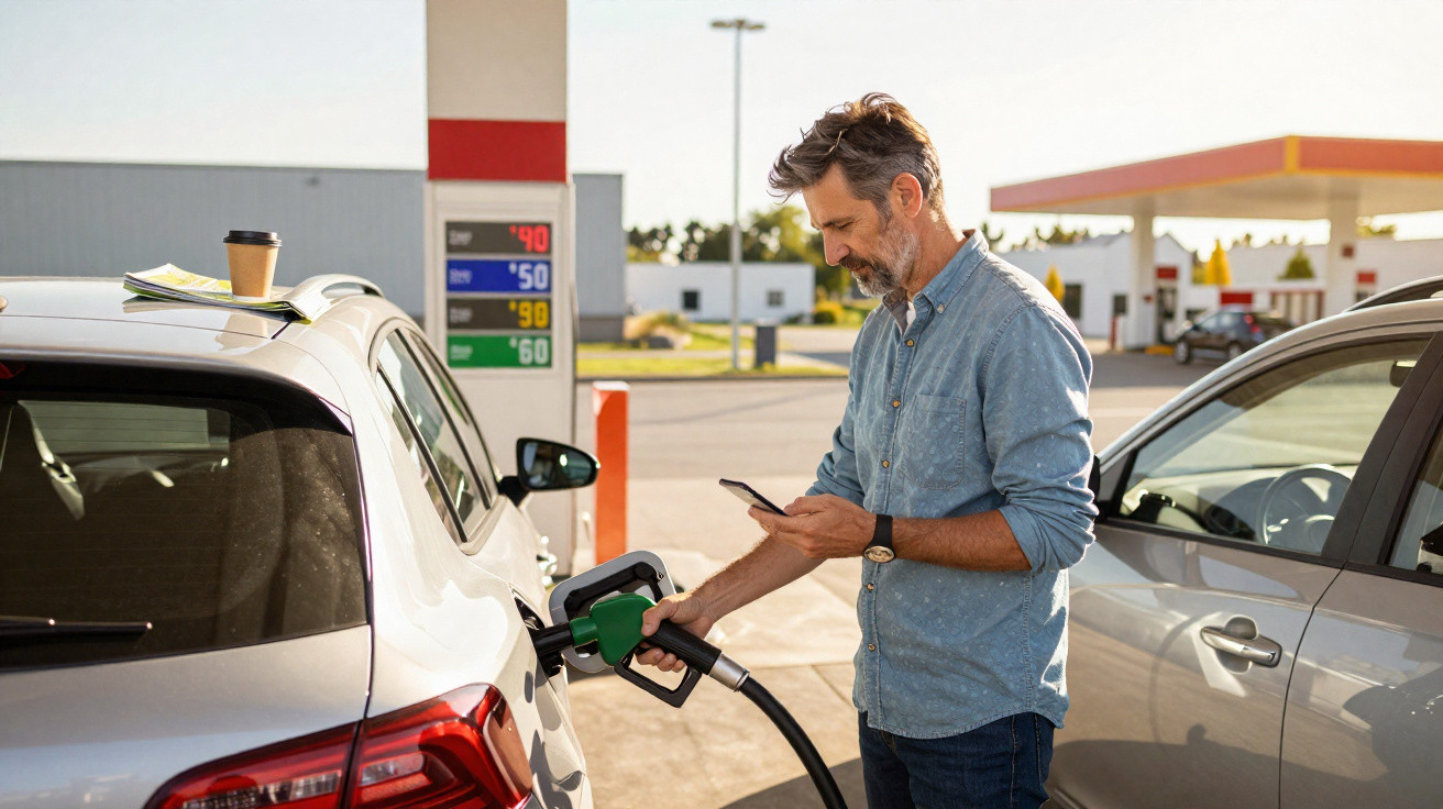 Man in blue shirt refuelling his car at a petrol station while checking his phone.