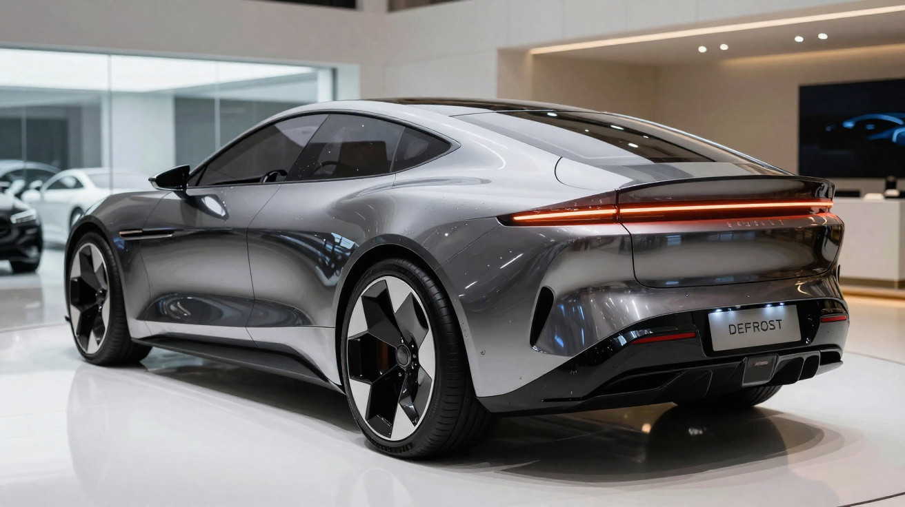 Sleek silver modern electric car displayed indoors with aerodynamic design and distinctive rear light strip.