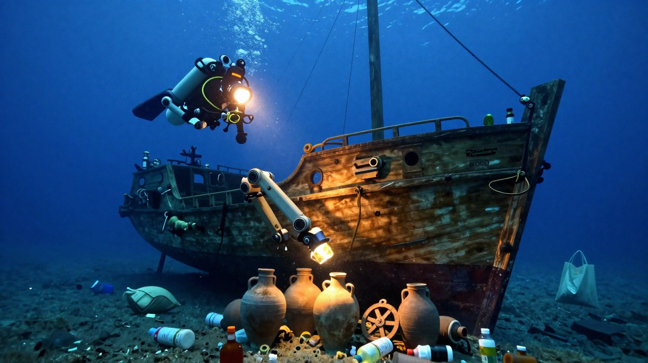 Underwater robot with lights exploring ancient shipwreck surrounded by pottery and modern bottles on ocean floor