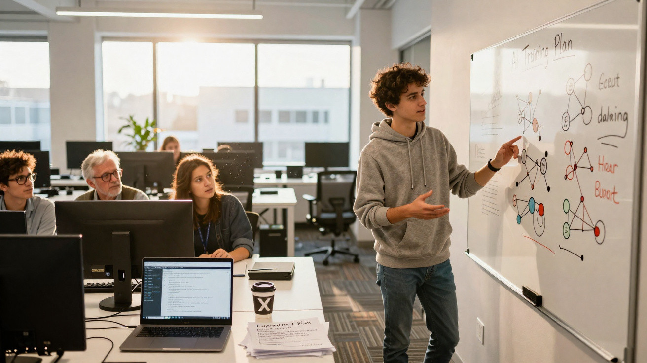 Young man in grey hoodie presenting a diagram on a whiteboard to colleagues in a modern office.