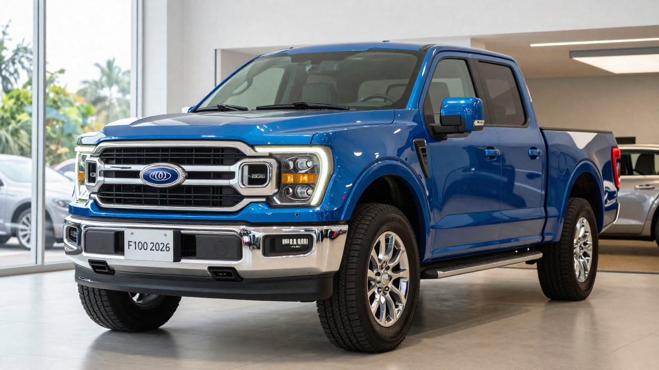 Blue Ford F-150 pickup truck displayed indoors with chrome details and 2026 licence plate.