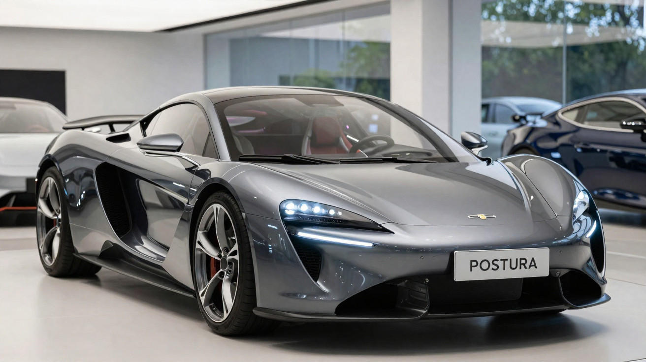 Sleek grey McLaren sports car with illuminated headlights displayed indoors, registration plate reading POSTURA.