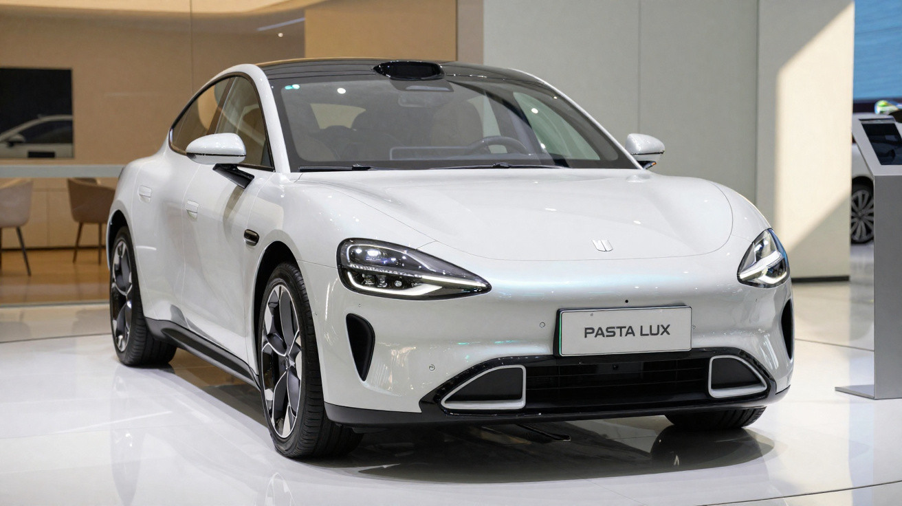 White modern electric sedan displayed indoors with sleek headlights and black detailing on wheels and grille.
