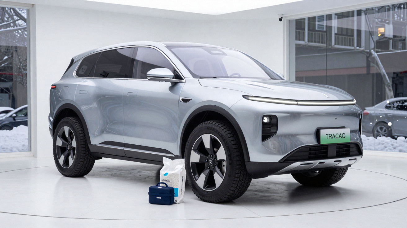Silver electric SUV displayed indoors with black and silver wheels and accessories beside front wheel.