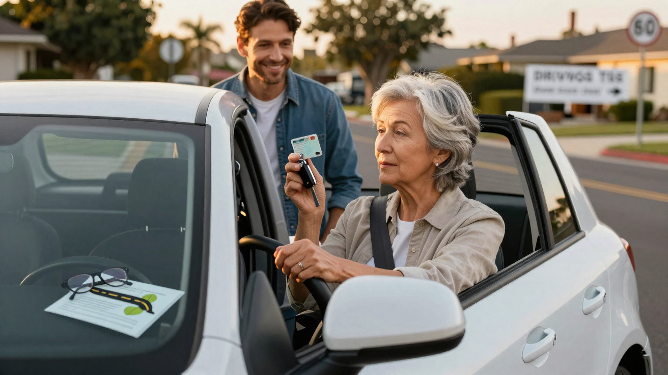 Older woman holding car keys and driver’s licence sitting in car with young man standing outside on road.