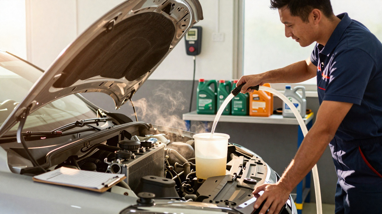 Mechanic uses hose to drain warm coolant from car engine in garage with various oil containers in the background.