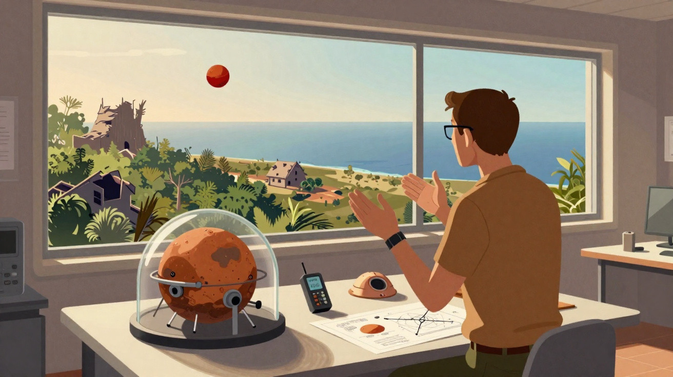 Man indoors gestures towards red ball outside window overlooking tropical island with abandoned buildings and ocean view.