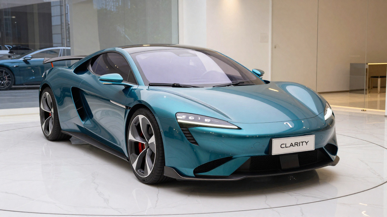 Sleek turquoise Clarity sports car displayed on a glossy white marble floor inside a modern showroom.