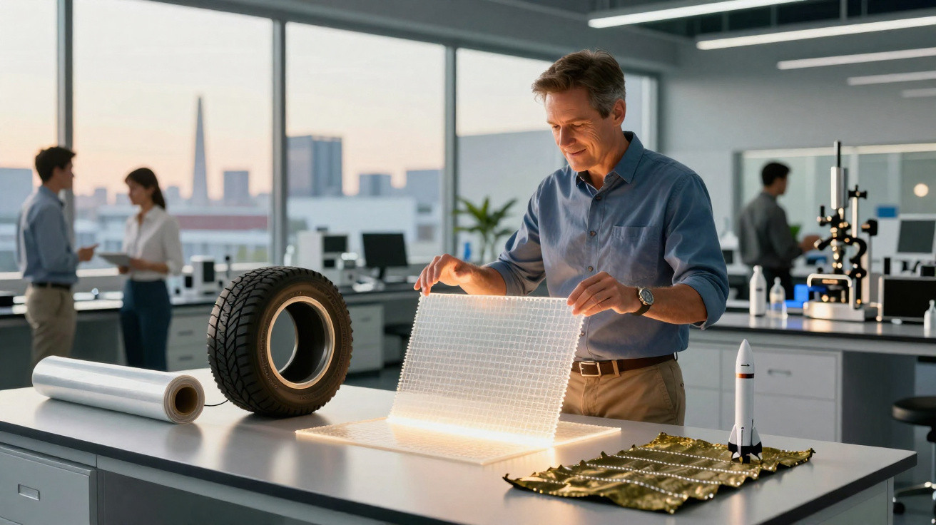 Engineer examining illuminated grid panel on desk with tyre, fabric, and rocket model in modern laboratory.