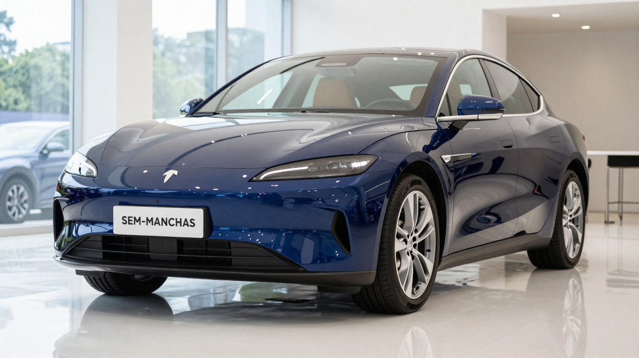 Blue Tesla electric car parked indoors on a glossy floor with a "SEM-MANCHAS" number plate.