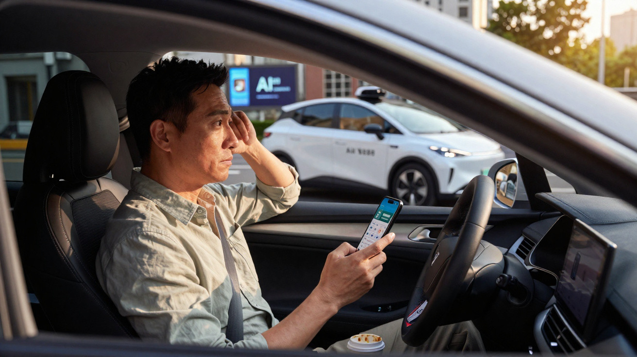 Man sitting in a car holding a smartphone, looking thoughtful with a coffee cup on the console.
