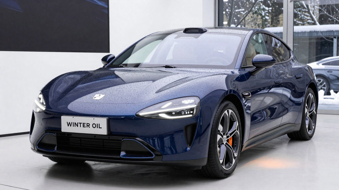 Dark blue electric sports car parked indoors with raindrops on its surface and modern LED headlights on