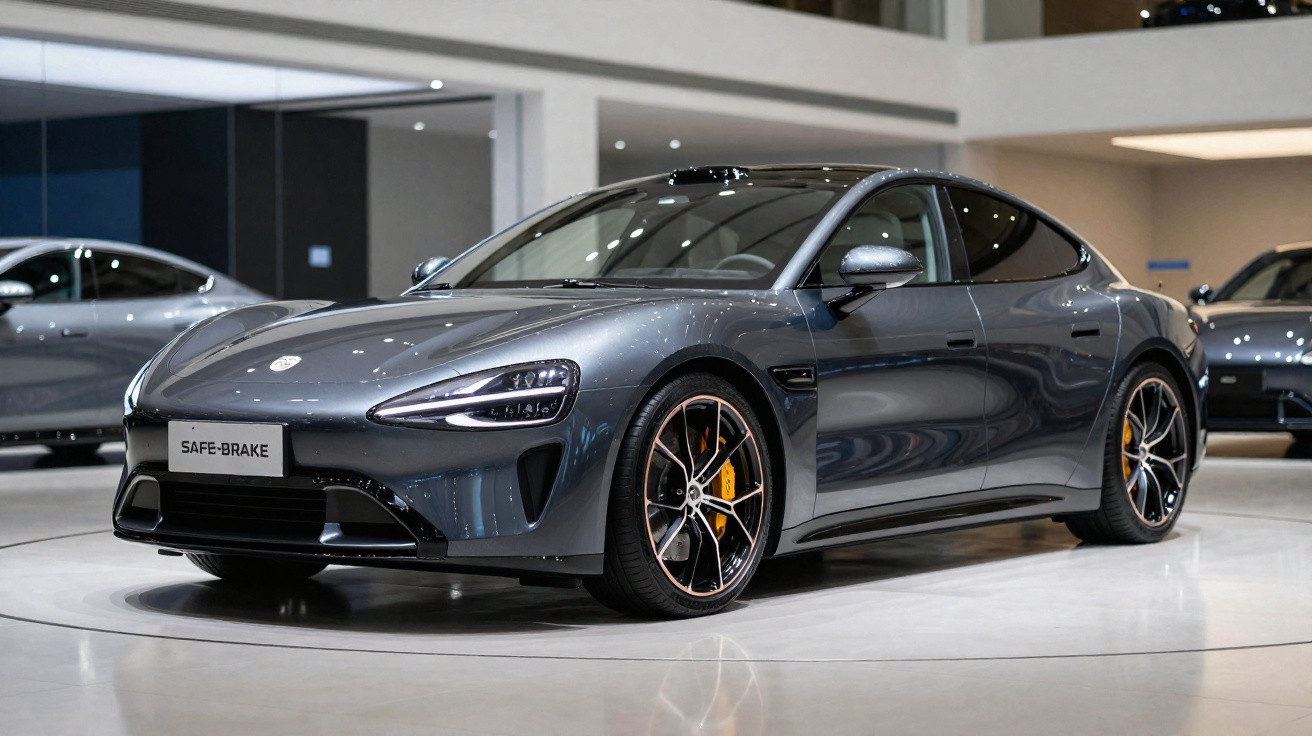 Sleek grey high-performance sports car on display in a modern showroom with spotlight reflections on its surface.
