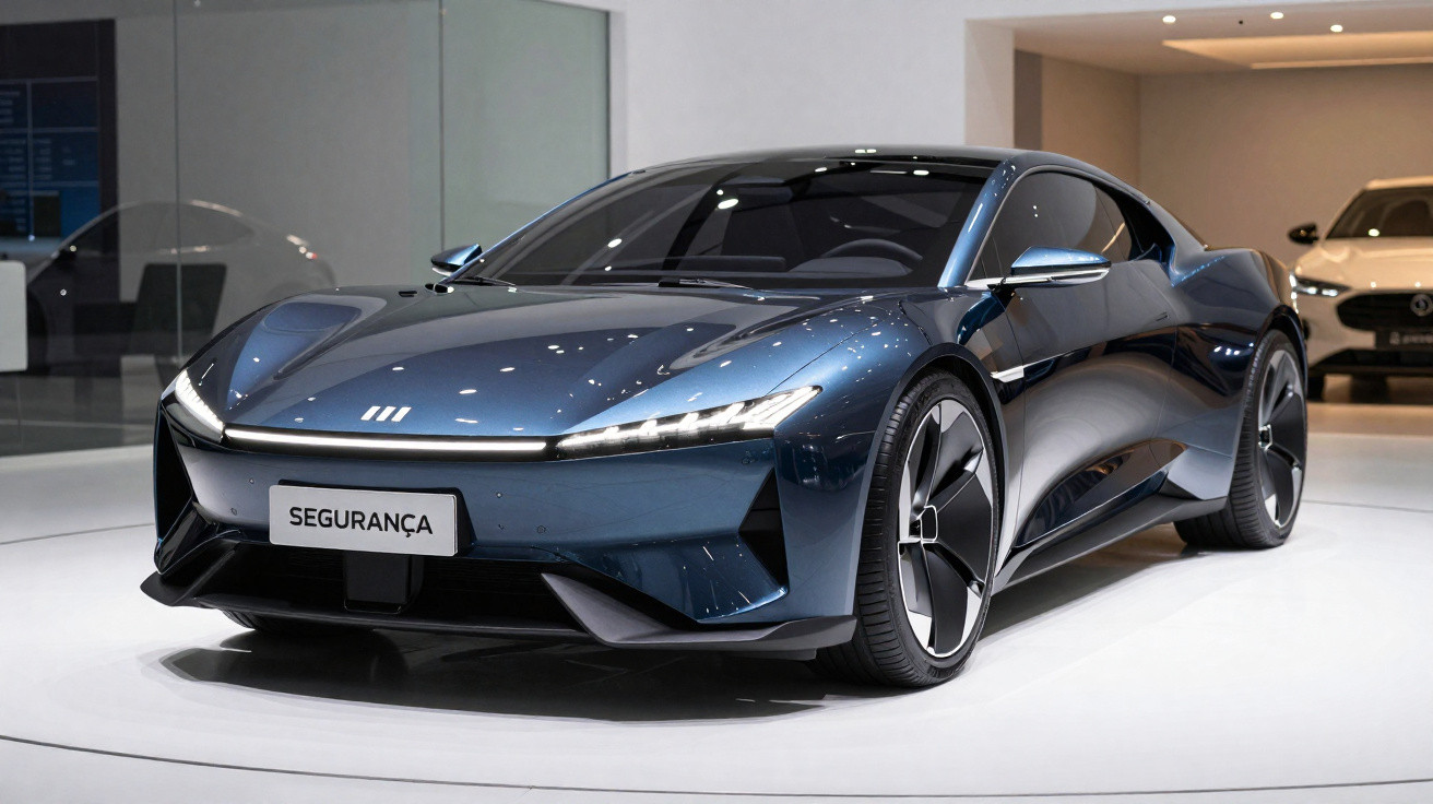 Sleek dark blue electric sports car displayed indoors with futuristic design and aerodynamic curves.