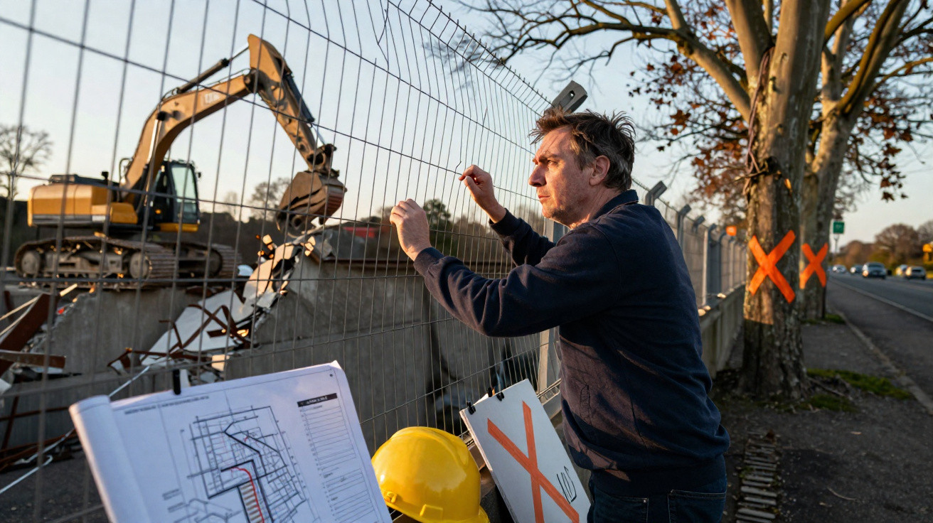 Man inspecting construction site fence with excavator, hard hat, and blueprints nearby at sunset.