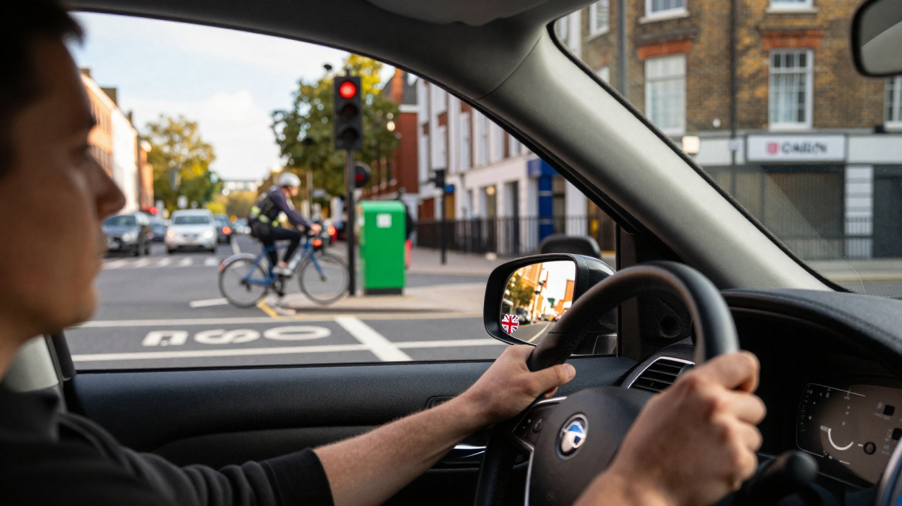 Driver waiting at a red light with cyclist crossing an urban street, viewed from inside a car.