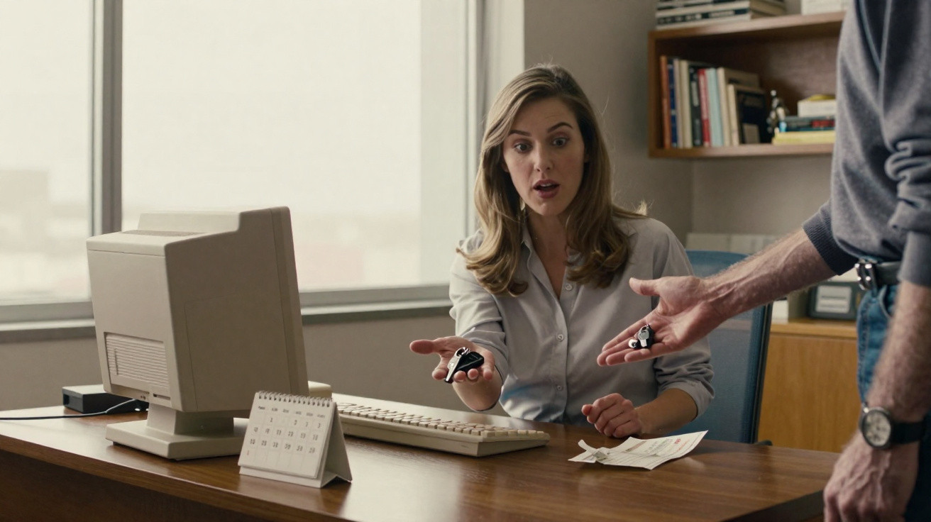Woman at desk with shocked expression receiving car keys from standing man in office with retro computer.