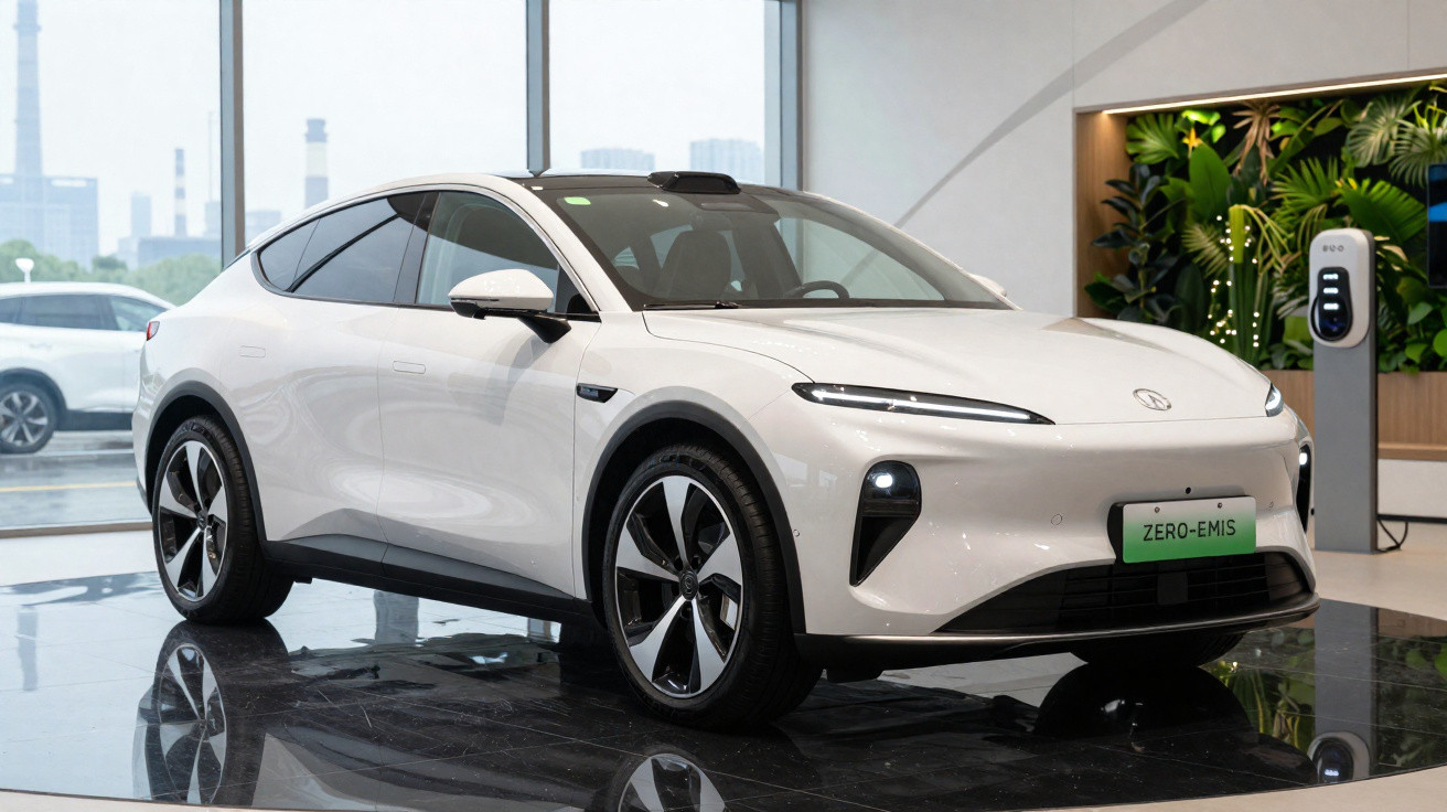 White electric car with sleek design displayed indoors near a charging station and large windows.