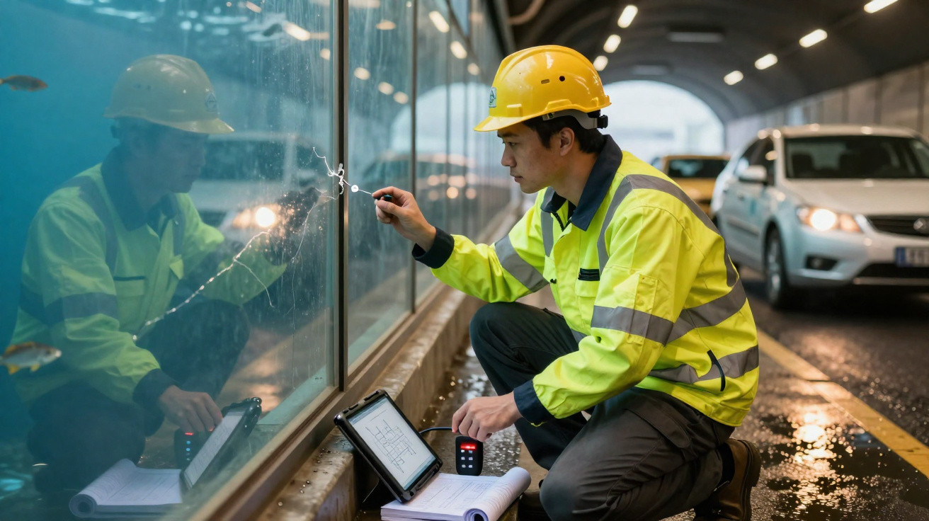 Engineer in high-visibility jacket and hard hat inspecting a crack on a glass wall beside a road.